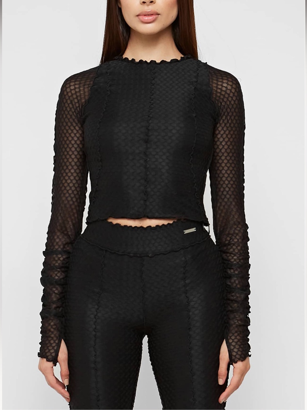 Maniere De Voir Black Sheer Textured Long-Sleeve Top with Matching Ruched Pants